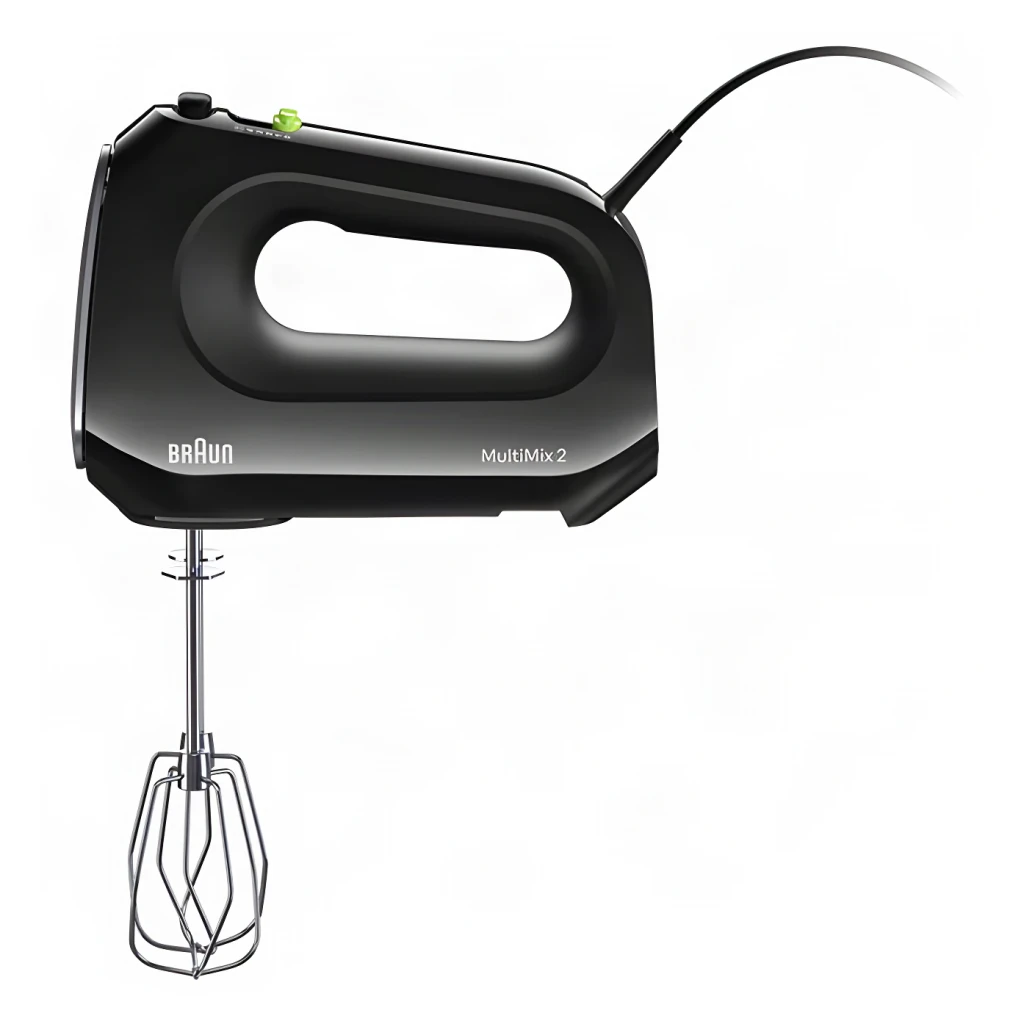 Batedeira de varas Braun MultiMix 2 HM 2110 500W 4 velocidades Preto, vista lateral: pega ergonómica, botão verde e varas
