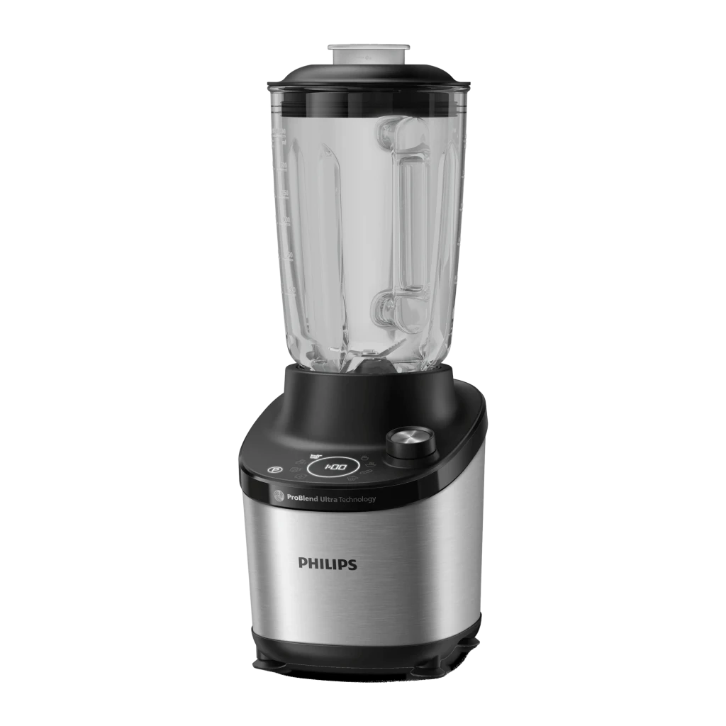 Batidora de vaso Philips Series 7000 2L 1500W 7 Velocidades Negro HR3760/00, vista frontal: jarra transparente, base
