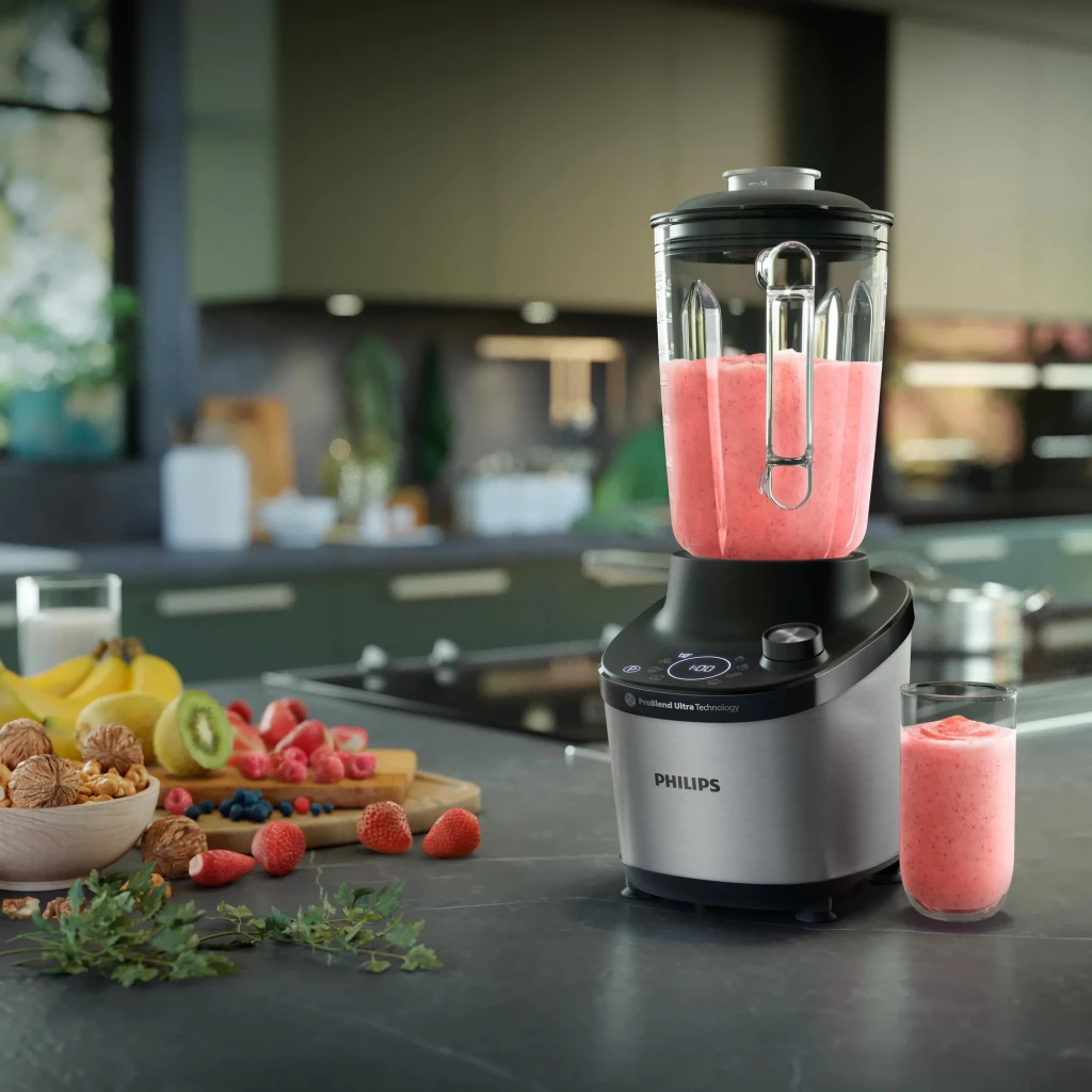 Batidora de vaso Philips Series 7000 2L 1500W 7 Velocidades Negro HR3760/00, en uso: smoothie de fresa en vaso y jarra