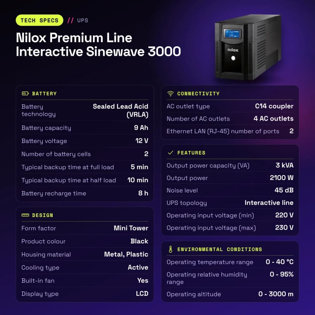 SAI Nilox Premium Line Interactive Sinewave 3000 Negro - características