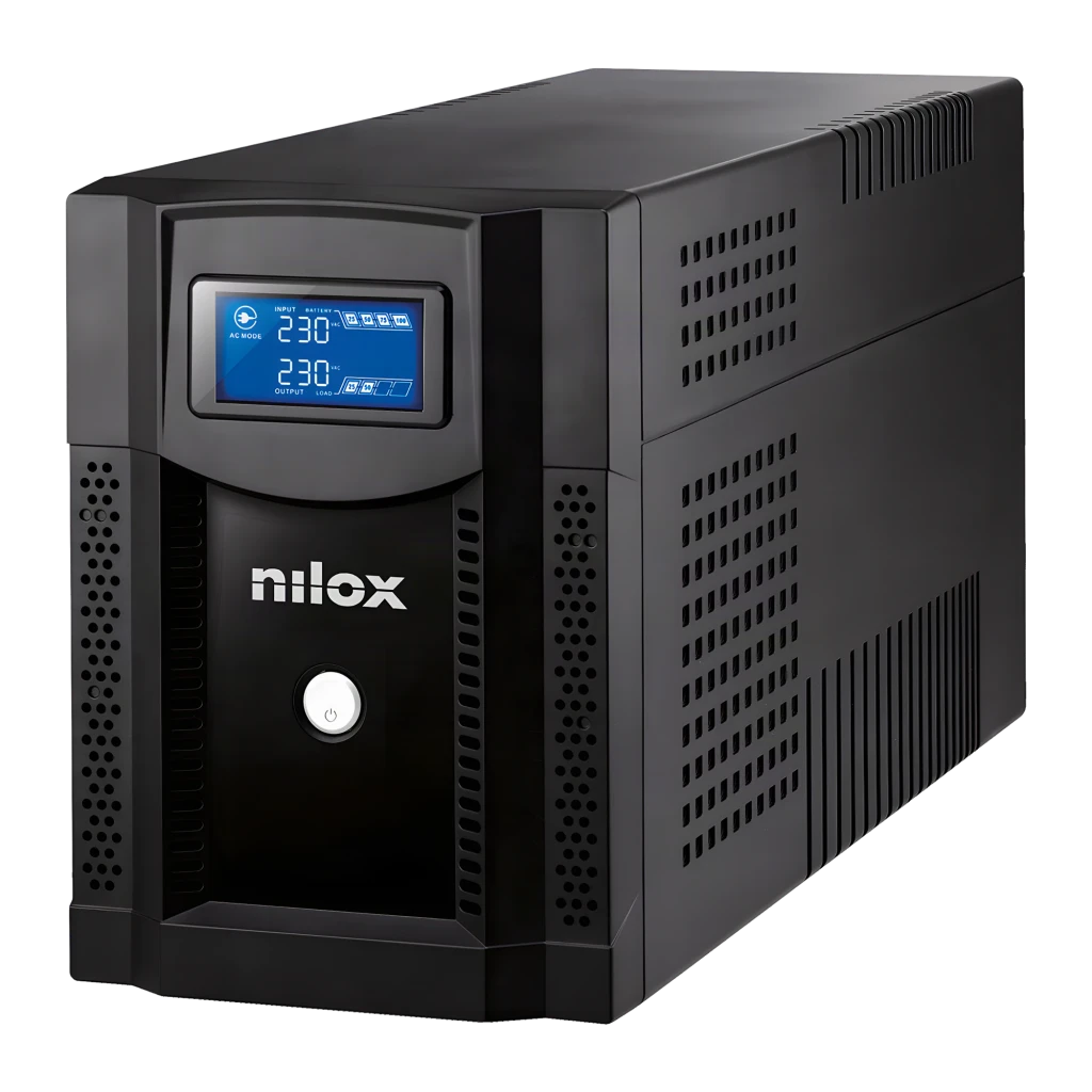 SAI Nilox Premium Line Interactive Sinewave 3000 Negro, vista frontal: carcasa negra con pantalla LCD azul, logo Nilox