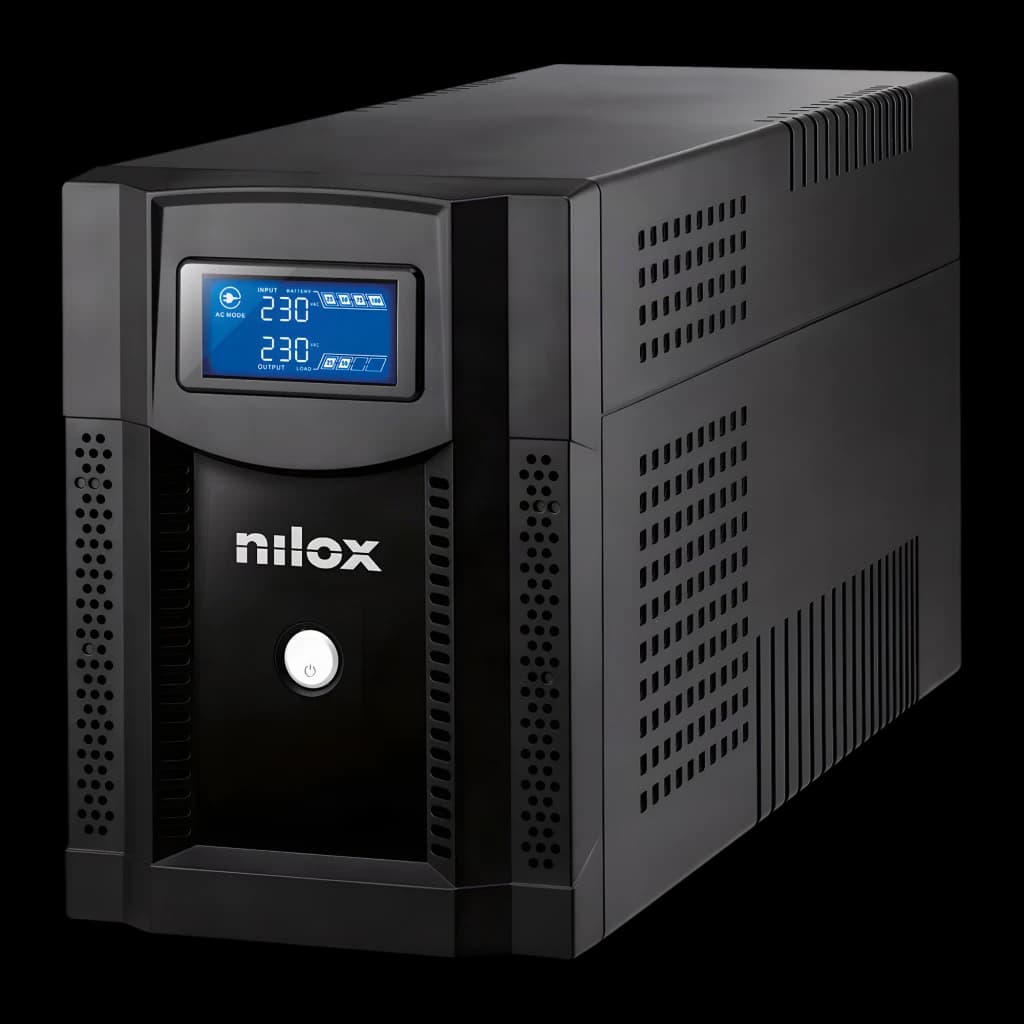 SAI Nilox Premium Line Interactive Sinewave 3000 Negro, vista frontal: carcasa negra con pantalla LCD azul, logo Nilox