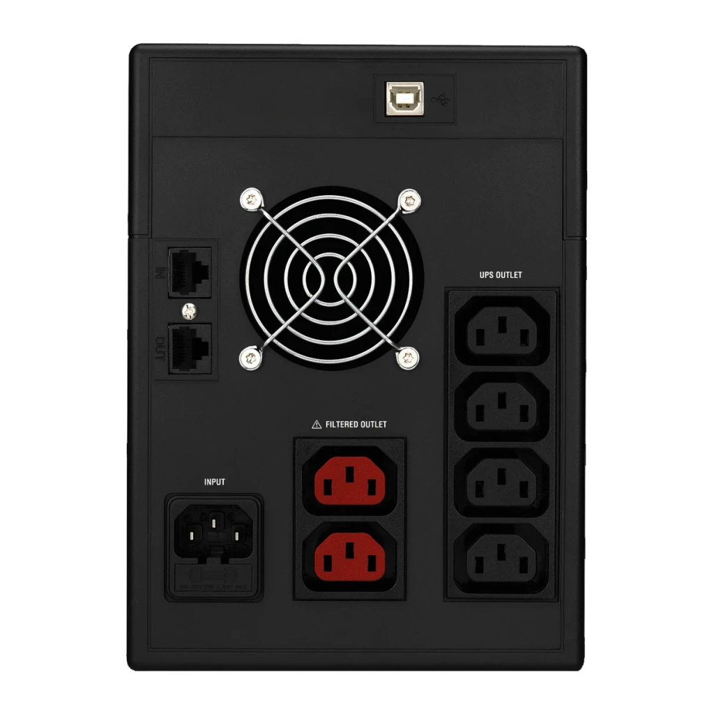 SAI Nilox Premium Line Interactive Sinewave 3000 Negro, vista trasera: ventilador, tomas IEC rojas filtradas, 4 salidas UPS