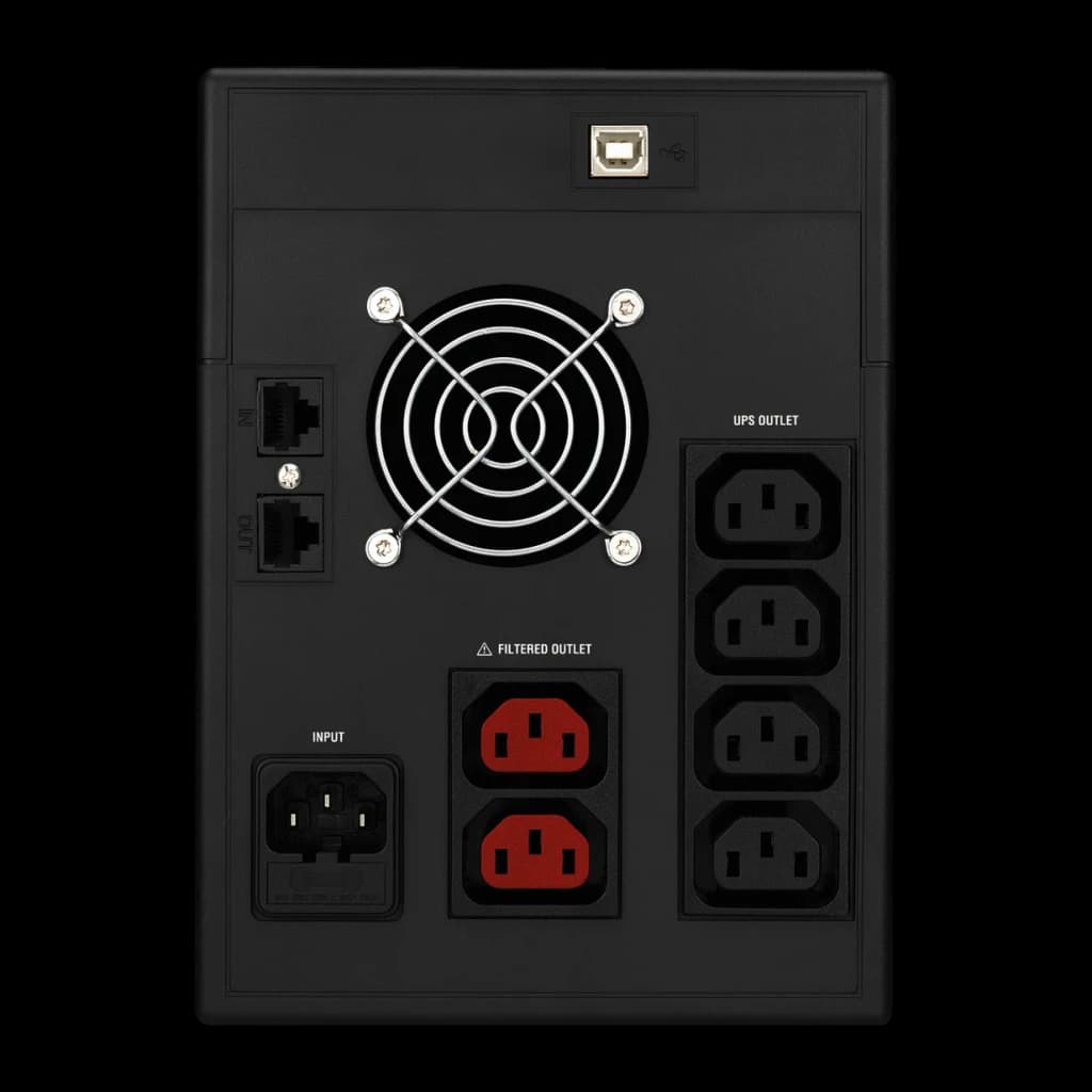 SAI Nilox Premium Line Interactive Sinewave 3000 Negro, vista trasera: ventilador, tomas IEC rojas filtradas, 4 salidas UPS