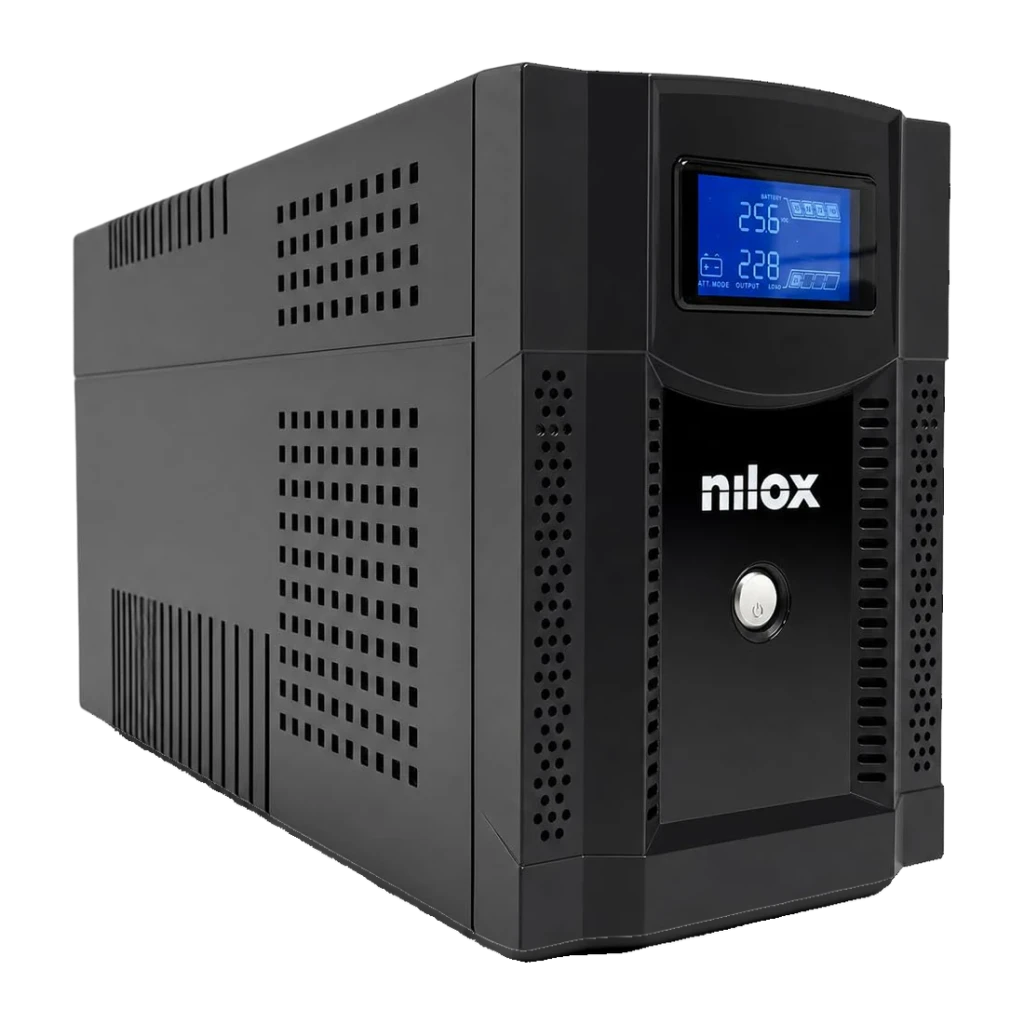 SAI Nilox Premium Line Interactive Sinewave 3000 Negro, detalle: pantalla LCD azul con valores 256V y 228V, botón