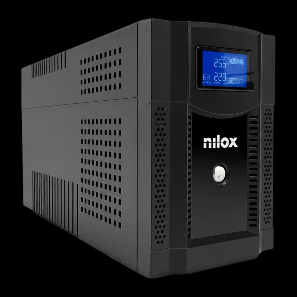 SAI Nilox Premium Line Interactive Sinewave 3000 Negro, detalle: pantalla LCD azul con valores 256V y 228V, botón