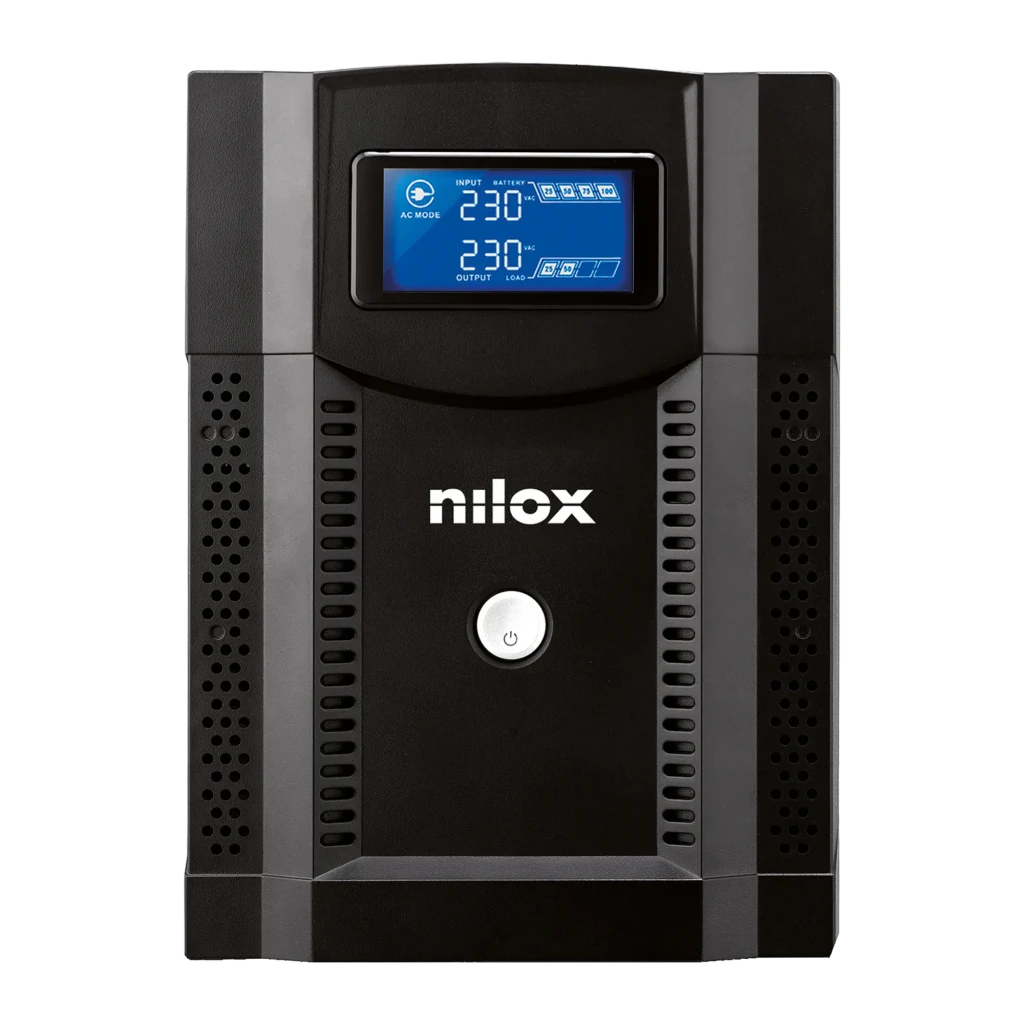 SAI Nilox Premium Line Interactive Sinewave 3000 Negro, detalle frontal: pantalla LCD azul con voltajes 230V entrada