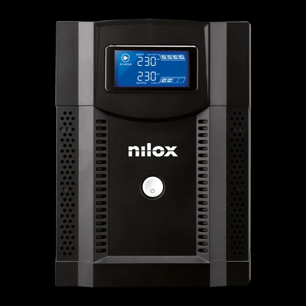 SAI Nilox Premium Line Interactive Sinewave 3000 Negro, detalle frontal: pantalla LCD azul con voltajes 230V entrada