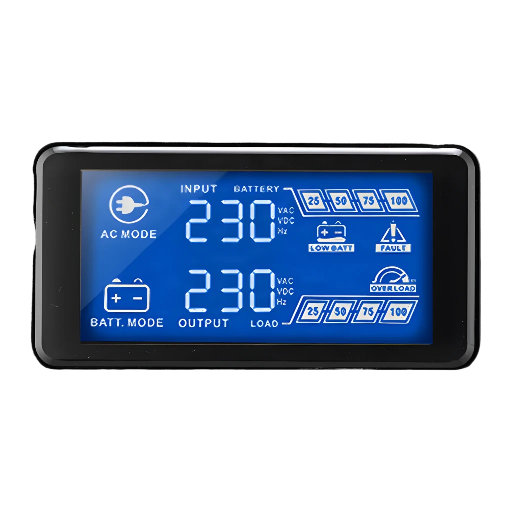SAI Nilox Premium Line Interactive Sinewave 3000 Negro, detalle: pantalla LCD azul con valores de entrada, salida 230V