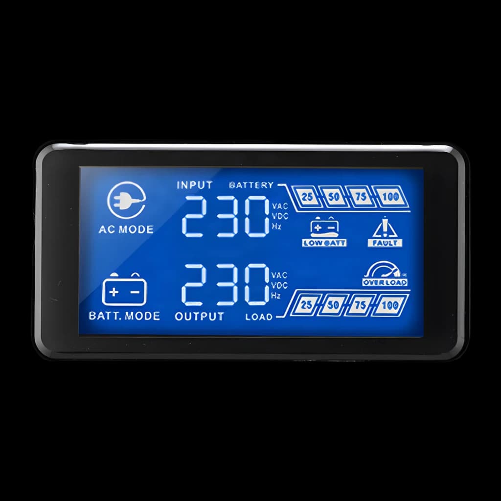 SAI Nilox Premium Line Interactive Sinewave 3000 Negro, detalle: pantalla LCD azul con valores de entrada, salida 230V