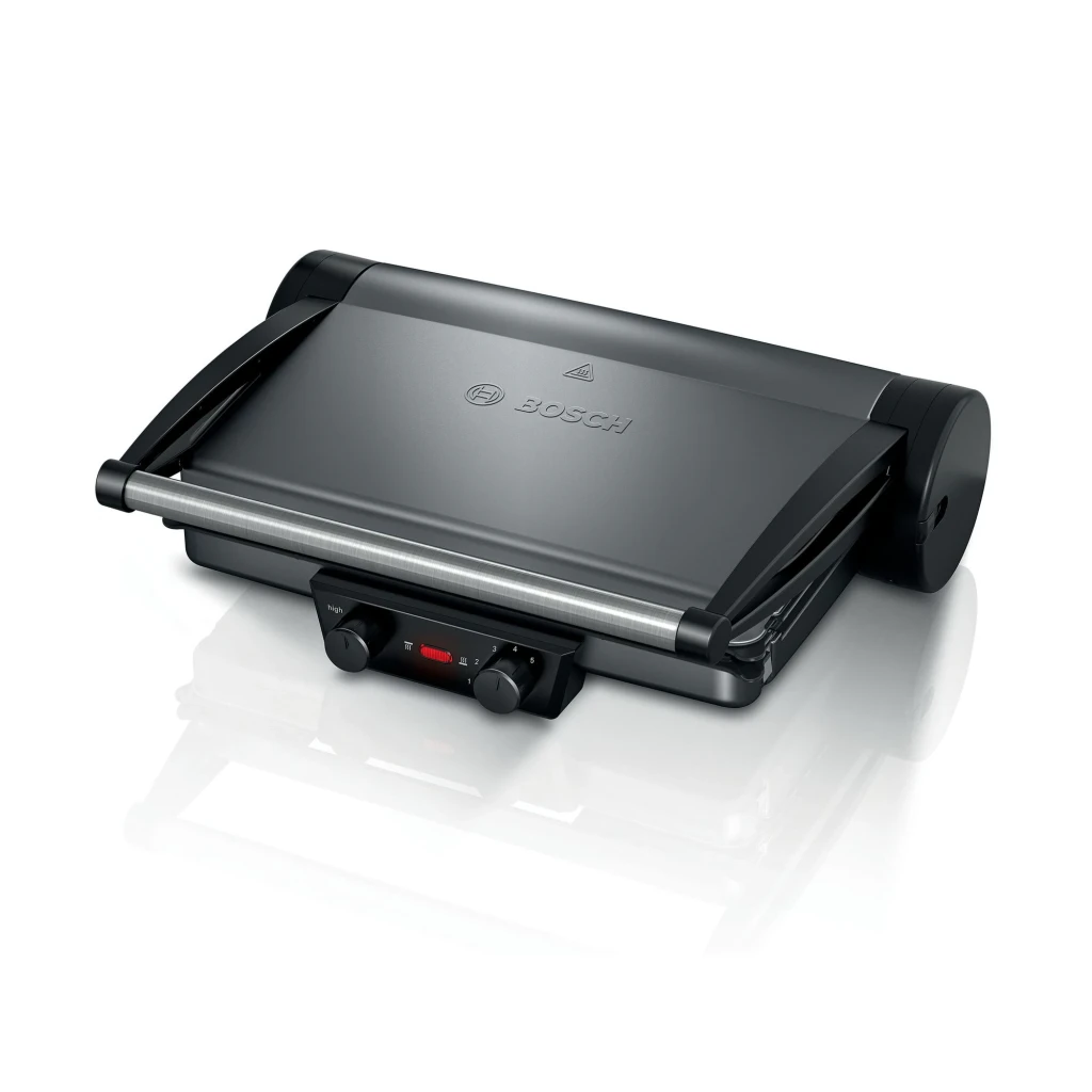 Grill de contacto Bosch 2000W 328x238mm Antracita TCG4215, vista frontal 3/4: tapa cerrada con logo Bosch, mandos