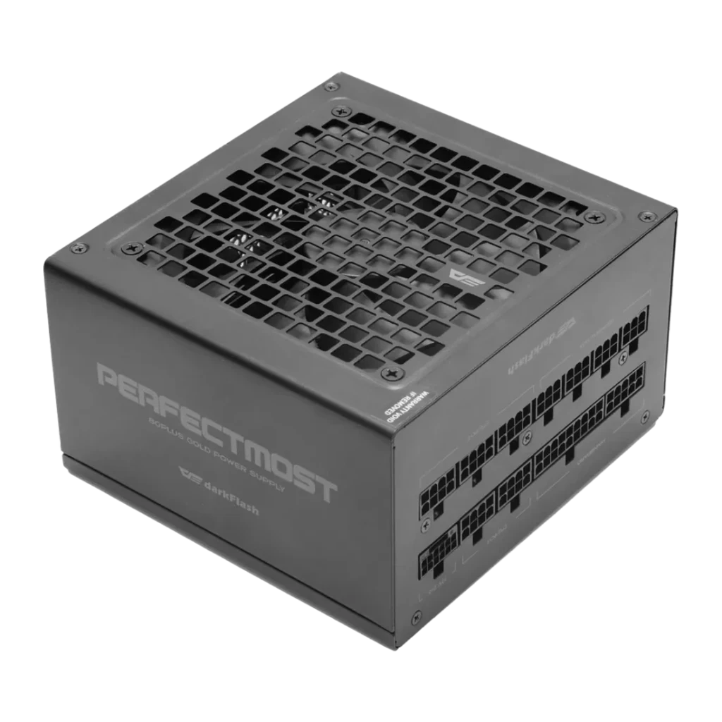 Fuente de Alimentación Darkflash Full Modular ATX 3.1 1050W Negro PMT1050, vista frontal: rejilla superior con ventilador