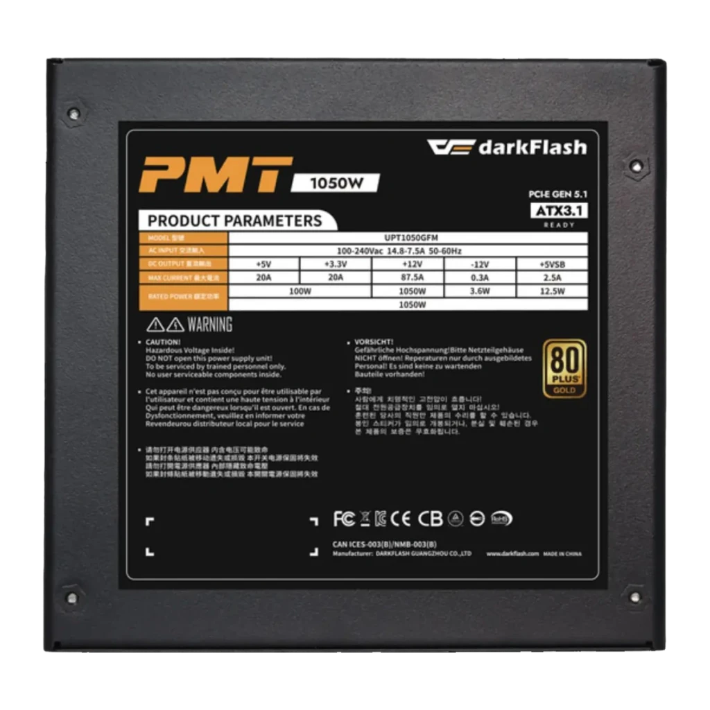 Fuente de Alimentación Darkflash Full Modular ATX 3.1 1050W Negro PMT1050, detalle: etiqueta lateral con especificaciones