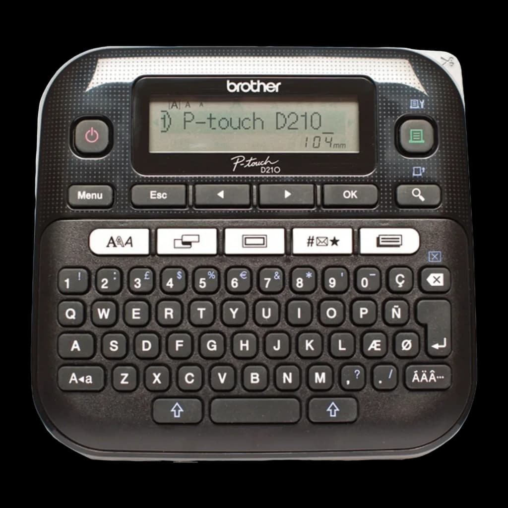 Impresora de etiquetas Brother P-touch PT-D210 Monocromo Gris/Blanco, vista frontal: teclado QWERTY, pantalla LCD y botones