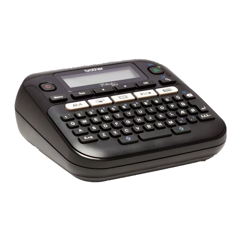 Impresora de etiquetas Brother P-touch PT-D210 Monocromo Gris/Blanco, detalle: teclado QWERTY, pantalla LCD y botones