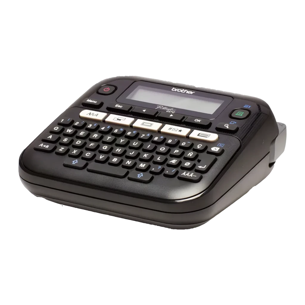 Impresora de etiquetas Brother P-touch PT-D210 Monocromo Gris/Blanco, detalle: teclado QWERTY completo y pantalla LCD