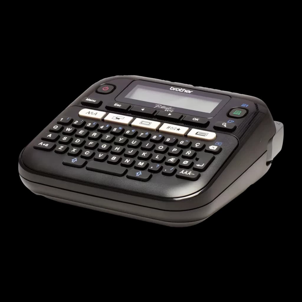 Impresora de etiquetas Brother P-touch PT-D210 Monocromo Gris/Blanco, detalle: teclado QWERTY completo y pantalla LCD