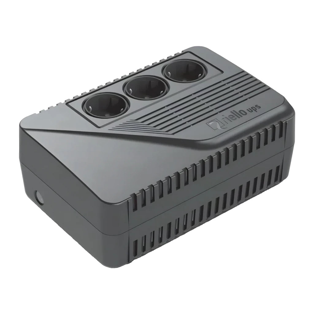 UPS Riello iPlug SE 600VA Linha Interativa 360W Preto, vista frontal: carcaça cinza com 3 tomadas Schuko no topo e grades