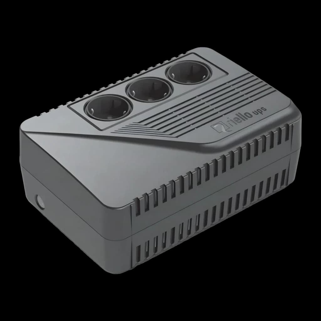 UPS Riello iPlug SE 600VA Linha Interativa 360W Preto, vista frontal: carcaça cinza com 3 tomadas Schuko no topo e grades