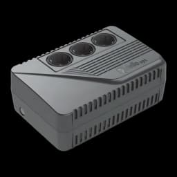UPS Riello iPlug SE 600VA Linha Interativa 360W Preto, vista frontal: carcaça cinza com 3 tomadas Schuko no topo e grades
