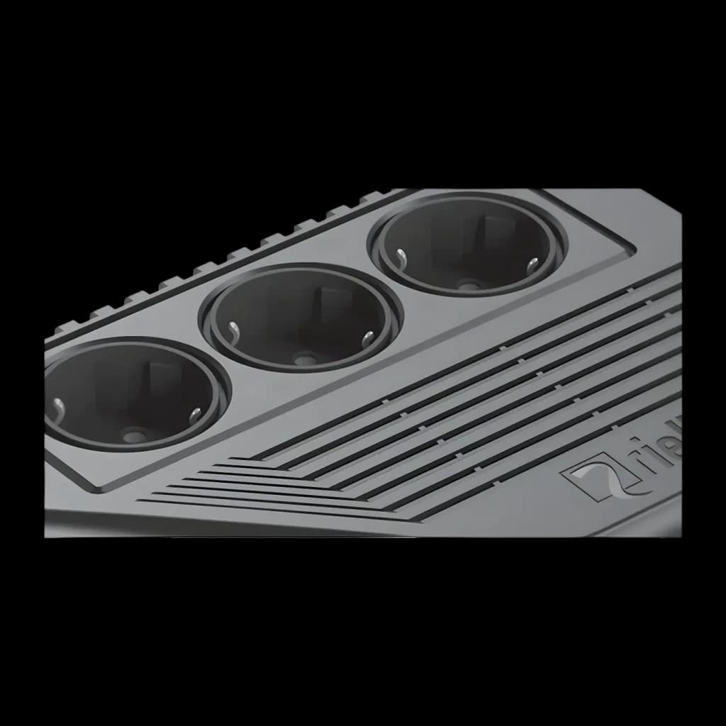 UPS Riello iPlug SE 600VA Linha Interativa 360W Preto, detalhe: três tomadas Schuko no painel superior com grades