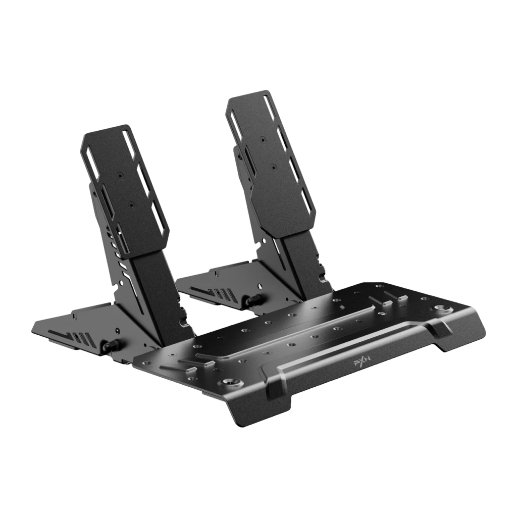 Set de Pedales PXN PD HM BT Sensor Efecto Hall PC Windows, vista frontal: dos pedales negros metálicos sobre base plana