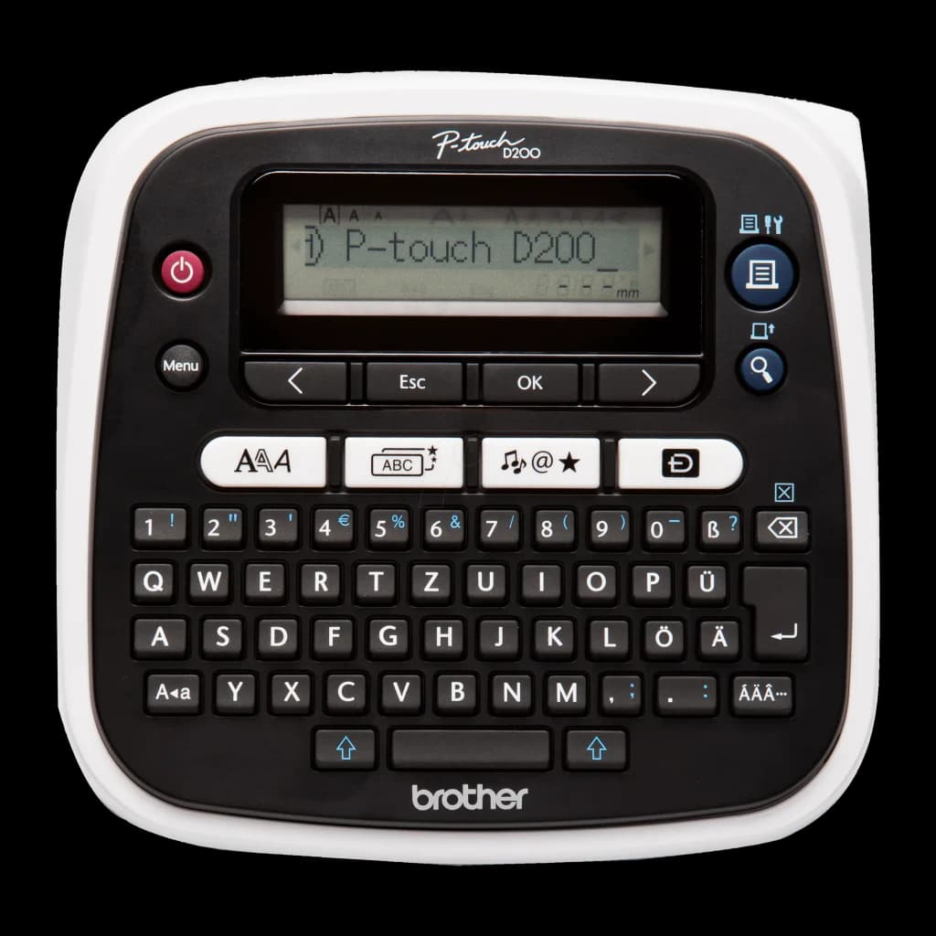 Impressora de etiquetas Brother P-touch PT-D200BW, vista frontal: teclado QWERTY, ecrã LCD e botão de energia vermelho