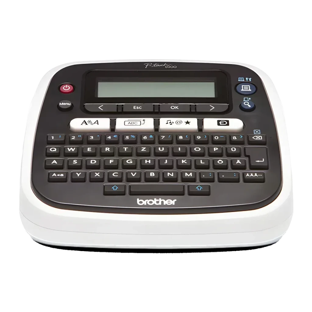 Impressora de etiquetas Brother P-touch PT-D200BW, detalhe: teclado QWERTY completo, ecrã LCD e teclas de função vistas