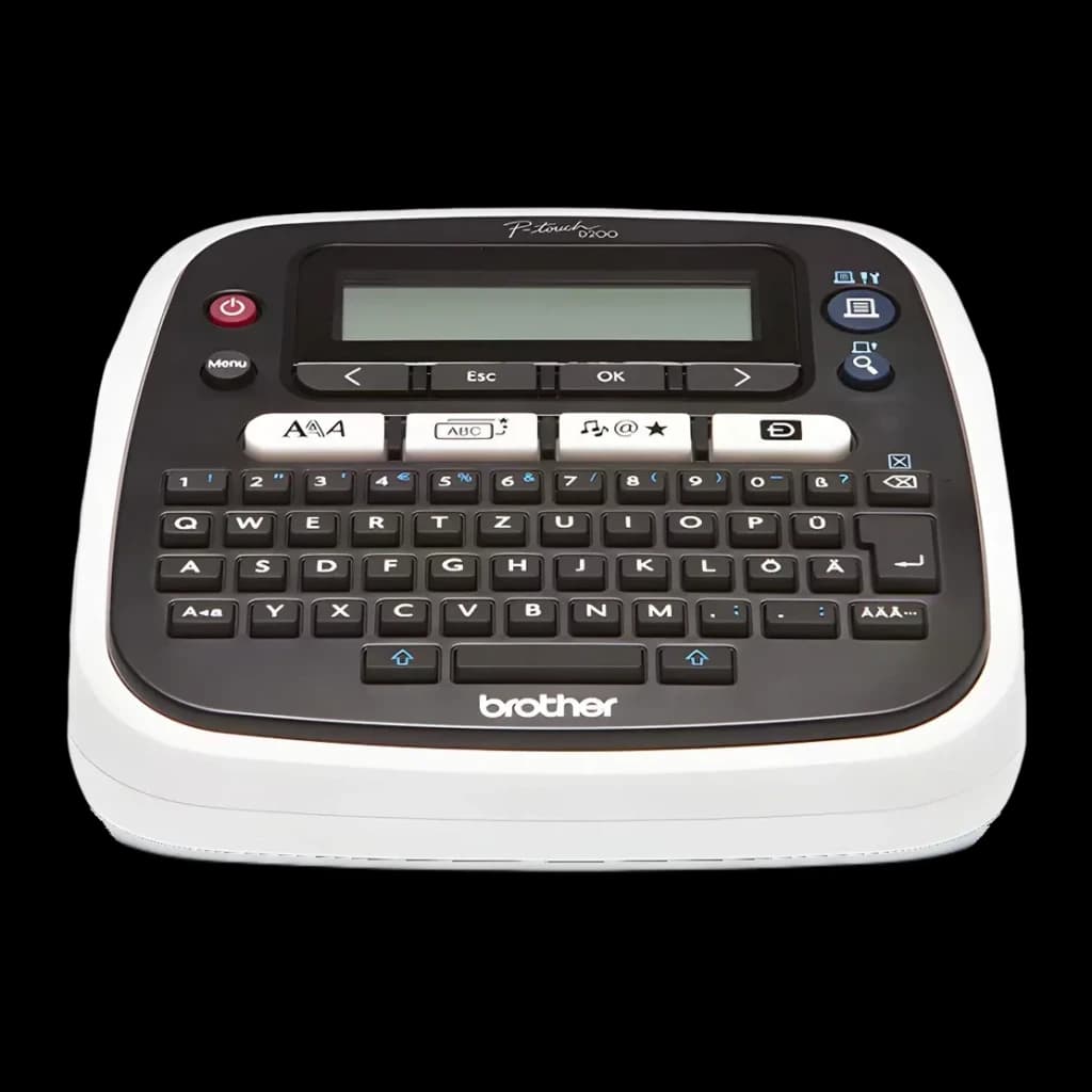 Impressora de etiquetas Brother P-touch PT-D200BW, detalhe: teclado QWERTY completo, ecrã LCD e teclas de função vistas