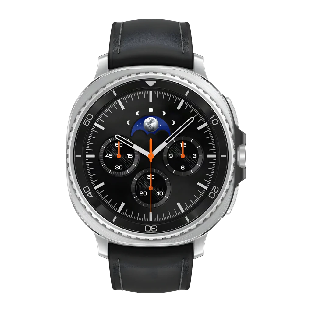 Samsung Galaxy Watch8 Classic 46mm Negro NFC, detalle: esfera con fase lunar, subdiales y manecillas naranjas en bisel
