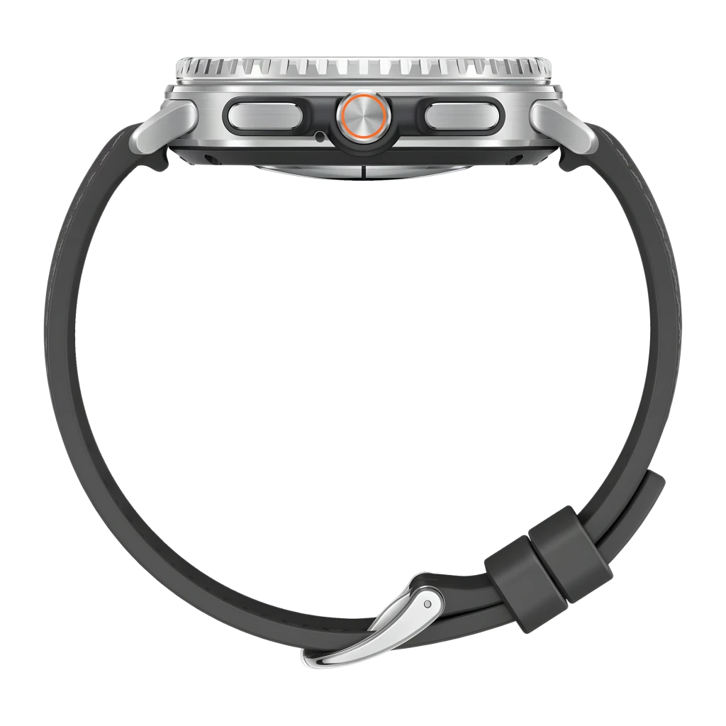 Samsung Galaxy Watch8 Classic 46mm Negro NFC, detalle lateral: corona giratoria, botones y pulsador naranja visibles