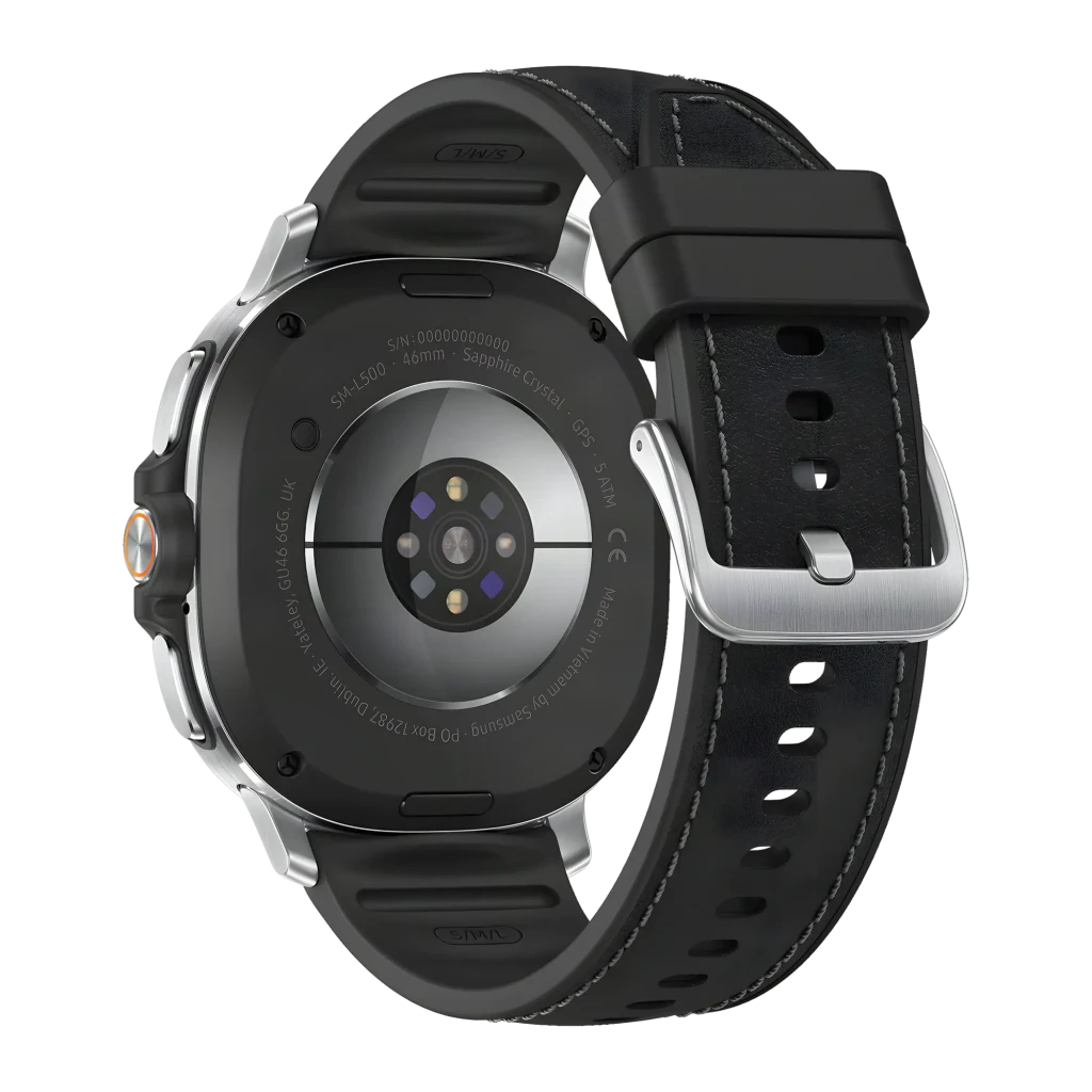 Samsung Galaxy Watch8 Classic 46mm Negro NFC, vista trasera: sensor de salud con LEDs, carcasa plateada y correa de cuero