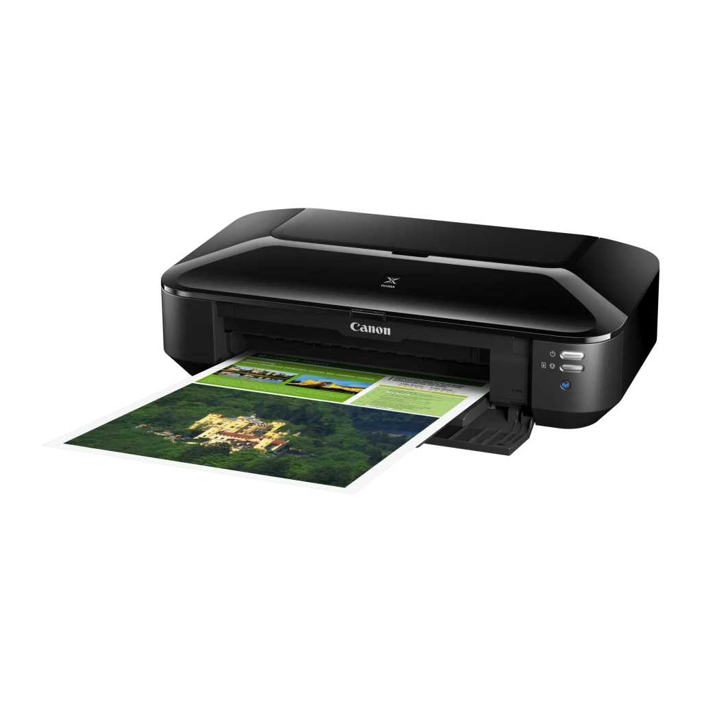 Impresora de inyección Canon PIXMA iX6850 No multifunción Tinta Color Negro, detalle: vista en ángulo con hoja A3 a color