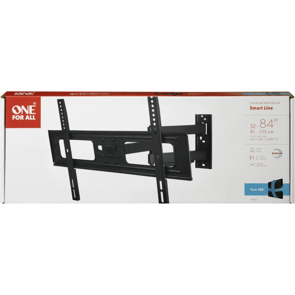 Support TV One for All Smart Turn 180 Noir Mural 32-84 pouces VESA 600x400 WM2651, contenu de la boîte: emballage avec bras
