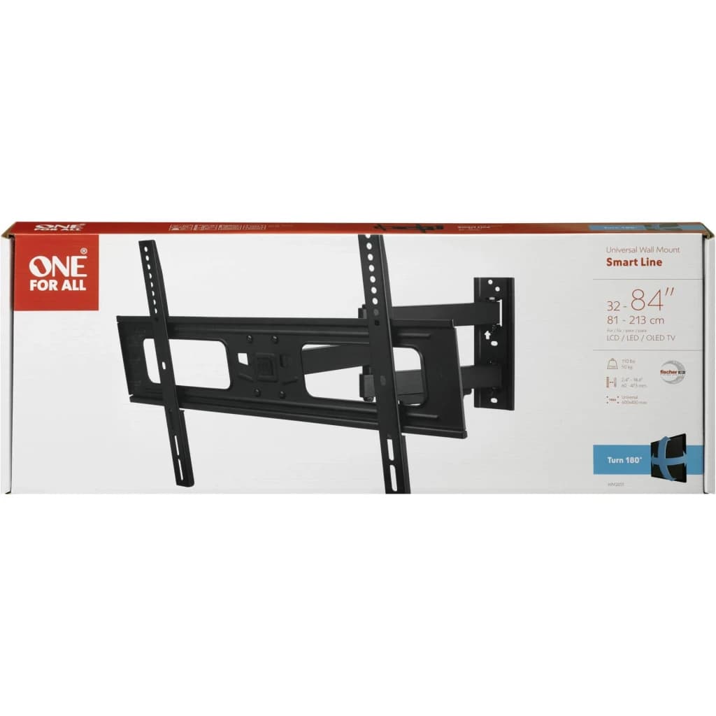 Support TV One for All Smart Turn 180 Noir Mural 32-84 pouces VESA 600x400 WM2651, contenu de la boîte: emballage avec bras