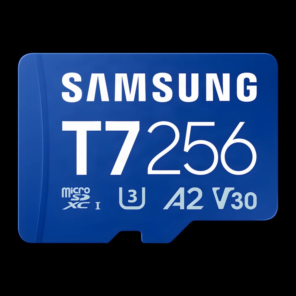 Tarjeta microSD Samsung T7 256GB V30 U3 A2 UHS-I 170MB/s Azul, vista frontal: cara azul con logo Samsung, T7 256 y sellos