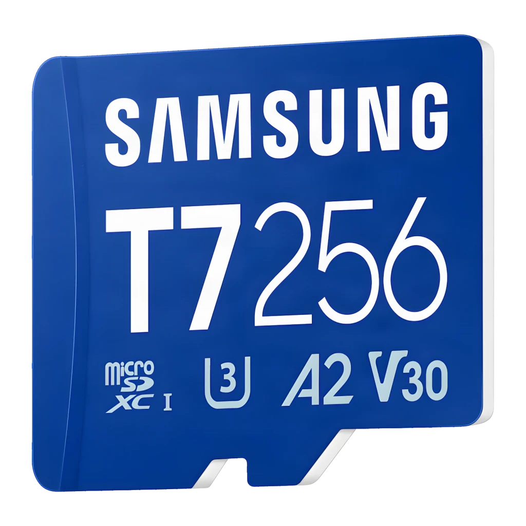 Tarjeta microSD Samsung T7 256GB V30 U3 A2 UHS-I 170MB/s Azul, detalle: cara frontal en ángulo con logos T7, 256, U3, A2