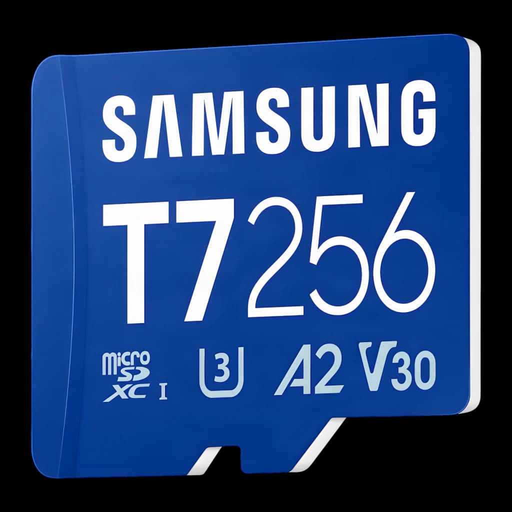 Tarjeta microSD Samsung T7 256GB V30 U3 A2 UHS-I 170MB/s Azul, detalle: cara frontal en ángulo con logos T7, 256, U3, A2