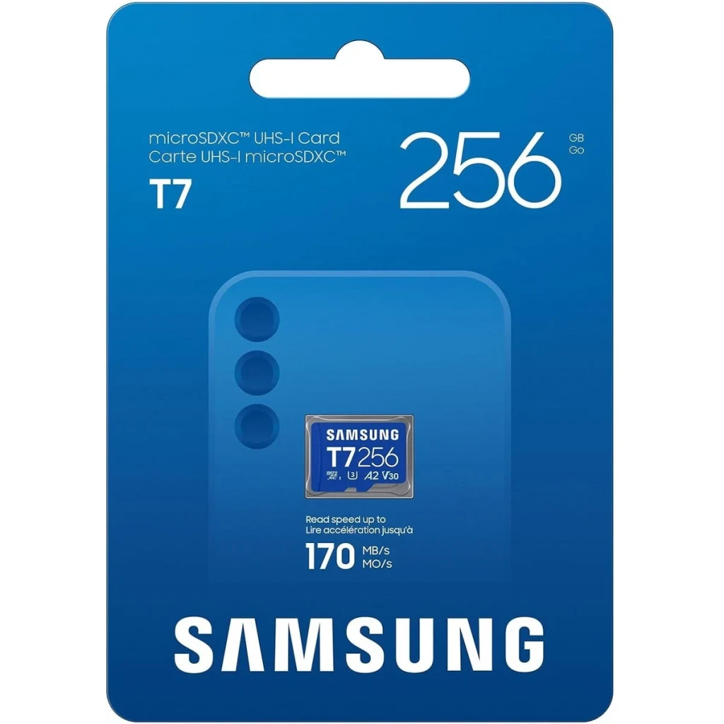 Tarjeta microSD Samsung T7 256GB V30 U3 A2 UHS-I 170MB/s Azul, contenido de la caja: blíster azul con tarjeta visible