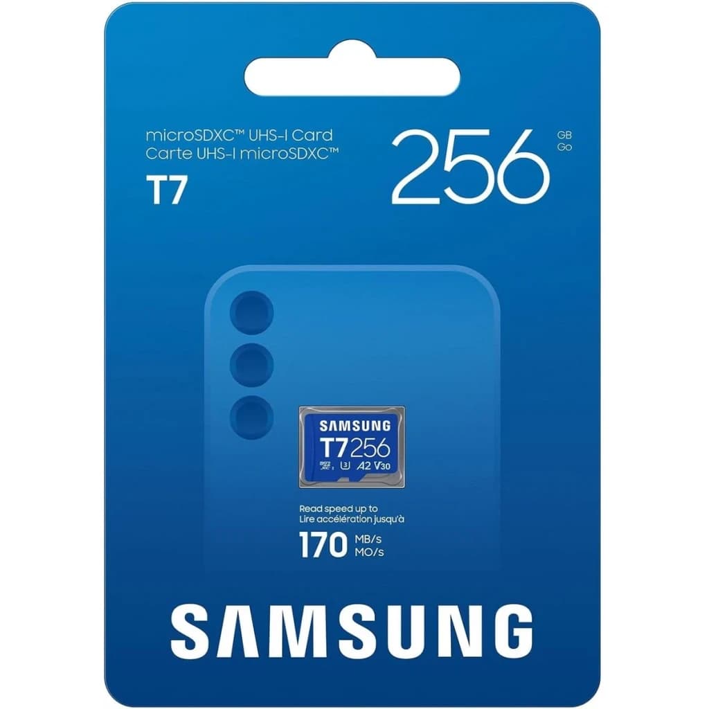 Tarjeta microSD Samsung T7 256GB V30 U3 A2 UHS-I 170MB/s Azul, contenido de la caja: blíster azul con tarjeta visible