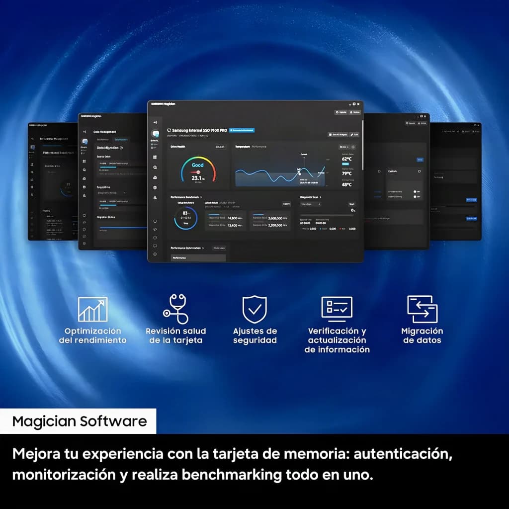 Tarjeta microSD Samsung T7 256GB V30 U3 A2 UHS-I 170MB/s Azul, software: pantallas de Samsung Magician con benchmark, salud