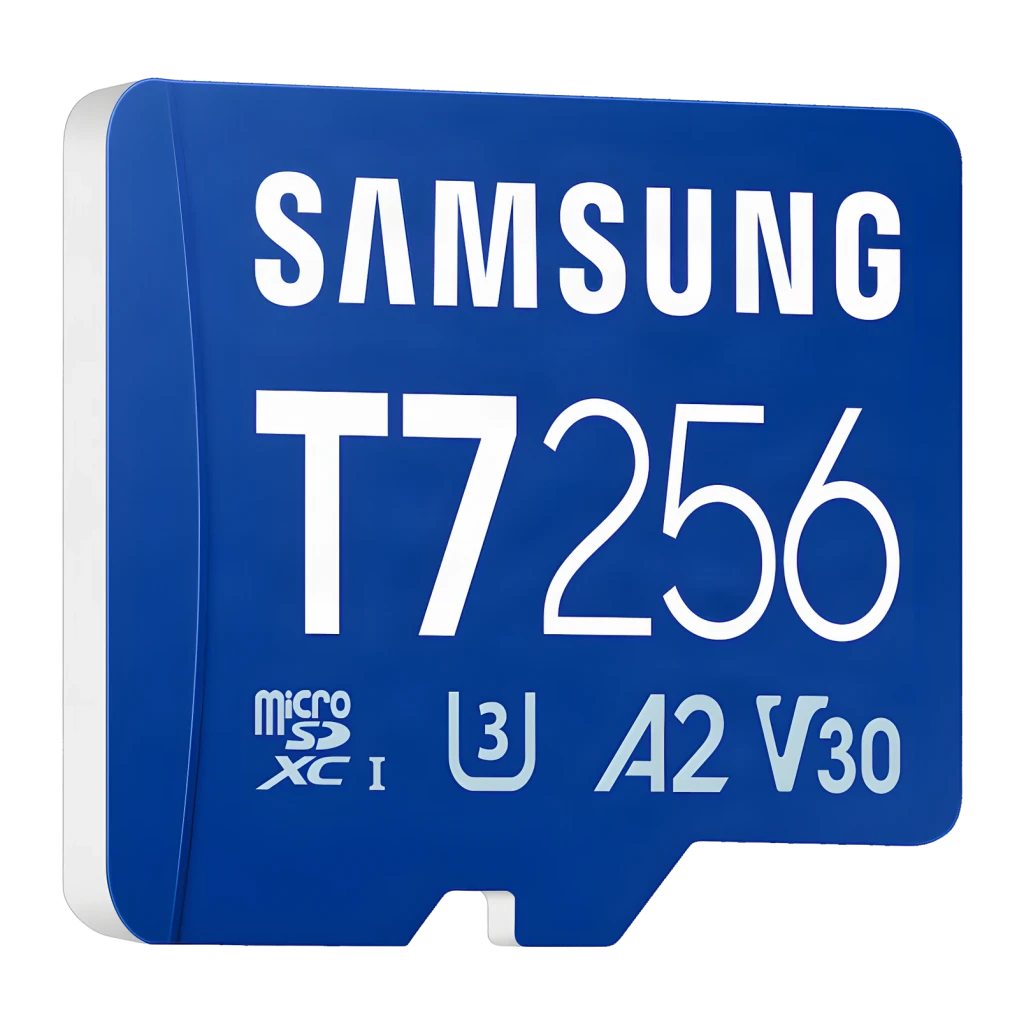 Tarjeta microSD Samsung T7 256GB V30 U3 A2 UHS-I 170MB/s Azul, detalle: vista en ángulo frontal con logos T7, 256, U3, A2