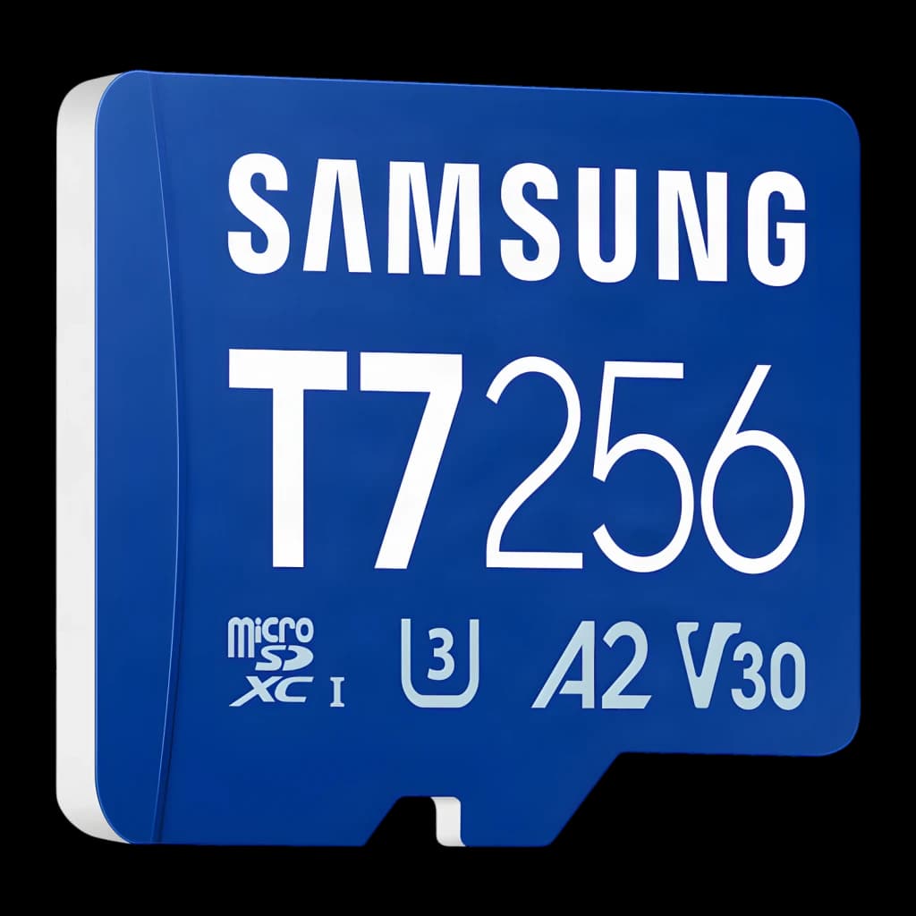 Tarjeta microSD Samsung T7 256GB V30 U3 A2 UHS-I 170MB/s Azul, detalle: vista en ángulo frontal con logos T7, 256, U3, A2