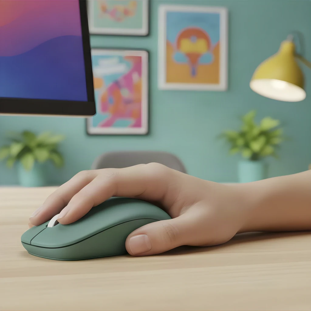 Ratón NGS Fog Pro Verde Inalámbrico Ergonómico Silencioso, en uso: mano sujetándolo sobre escritorio de madera frente