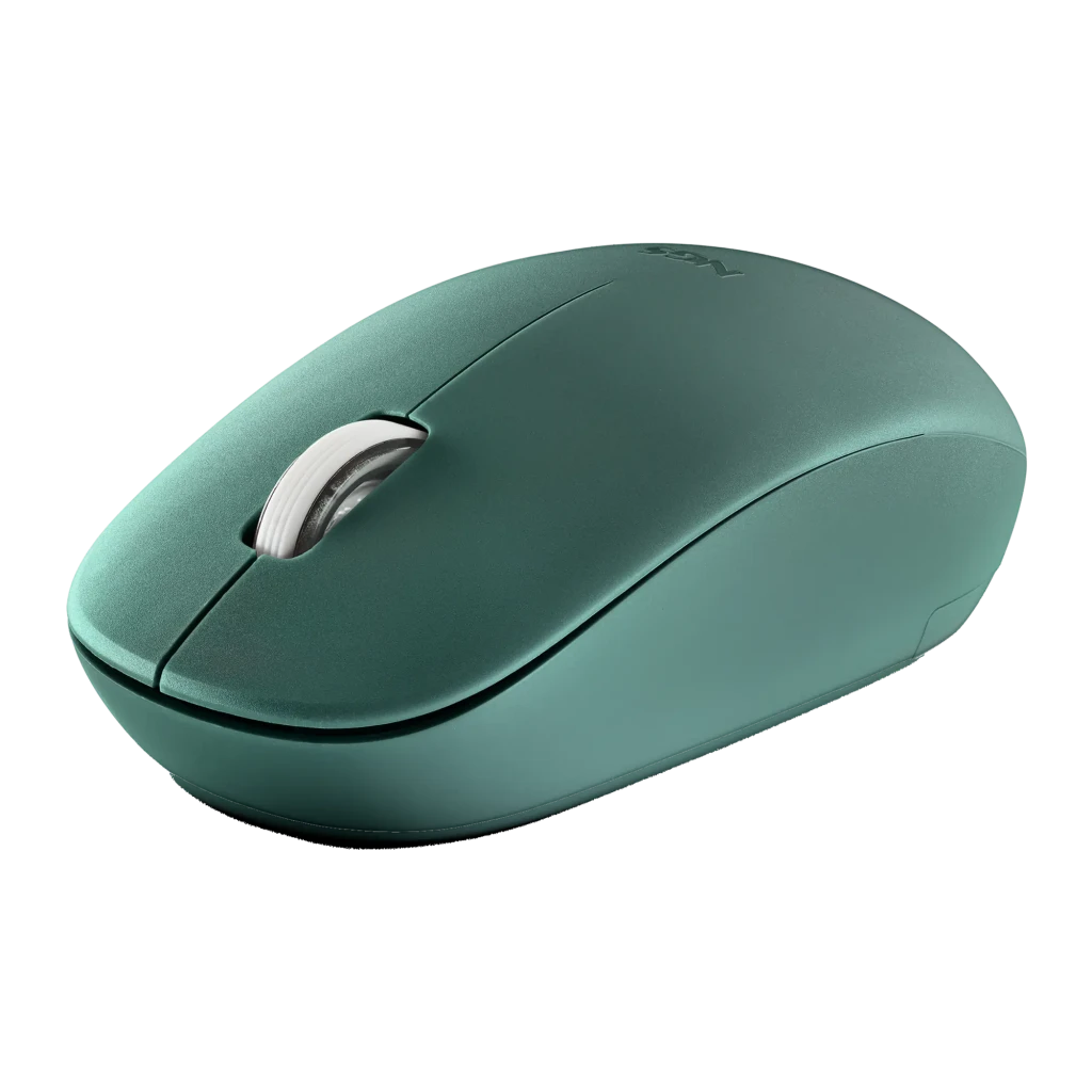 Ratón NGS Fog Pro Verde Inalámbrico Ergonómico Silencioso, detalle: rueda blanca y acabado texturizado verde sobre fondo