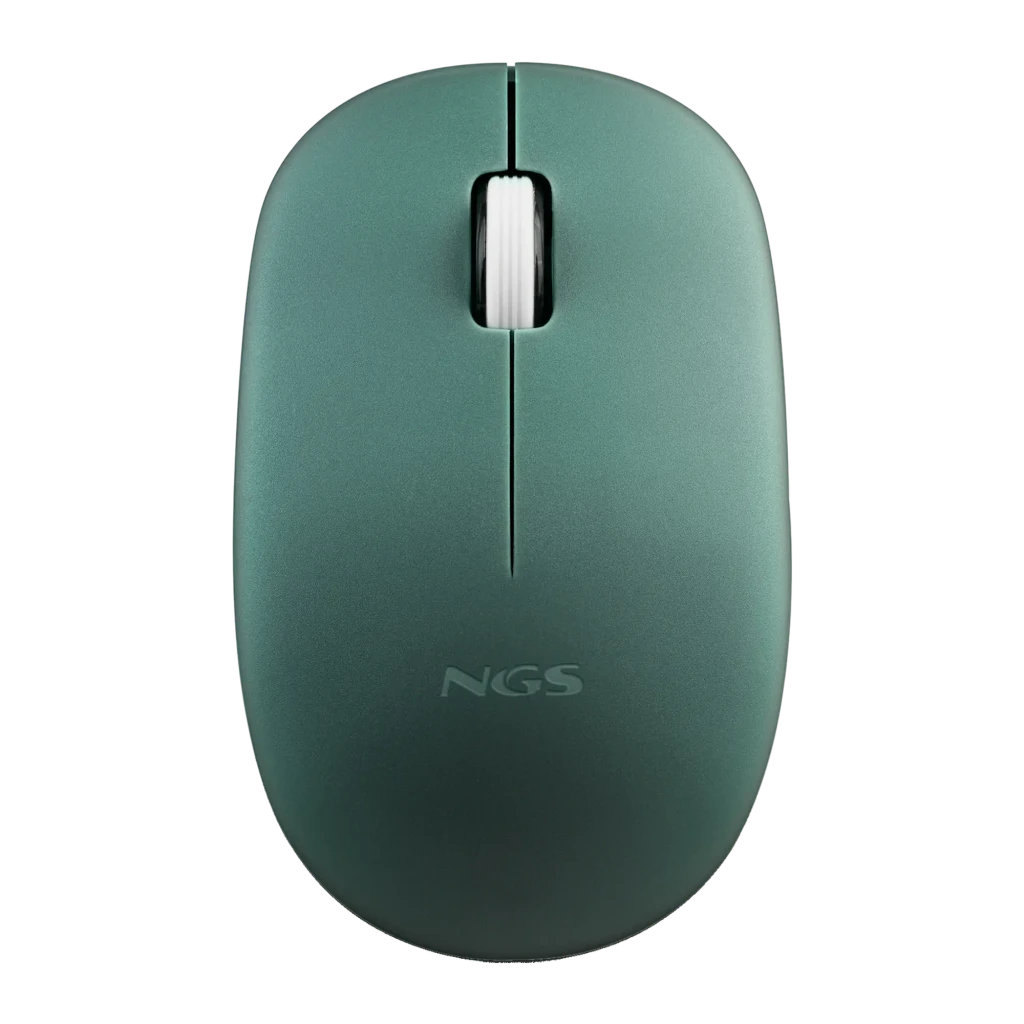 Ratón NGS Fog Pro Verde Inalámbrico Ergonómico Silencioso, detalle: vista superior con rueda blanca y logo NGS grabado
