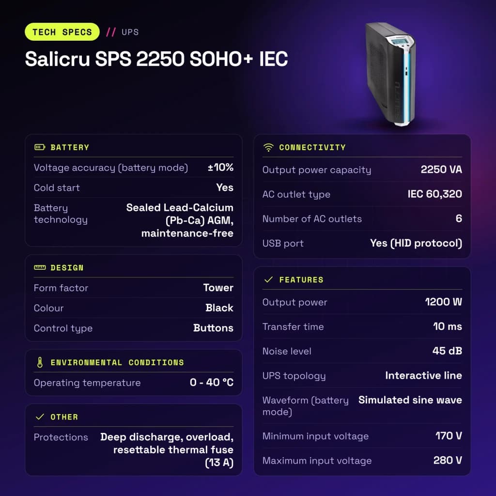 SAI UPS Salicru SPS 2250 SOHO+ IEC Linha Interativa 2250VA Preto - características