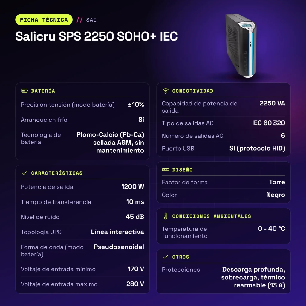 Sai ups Salicru SPS 2250 SOHO+ IEC Línea Interactiva 2250VA Negro - características