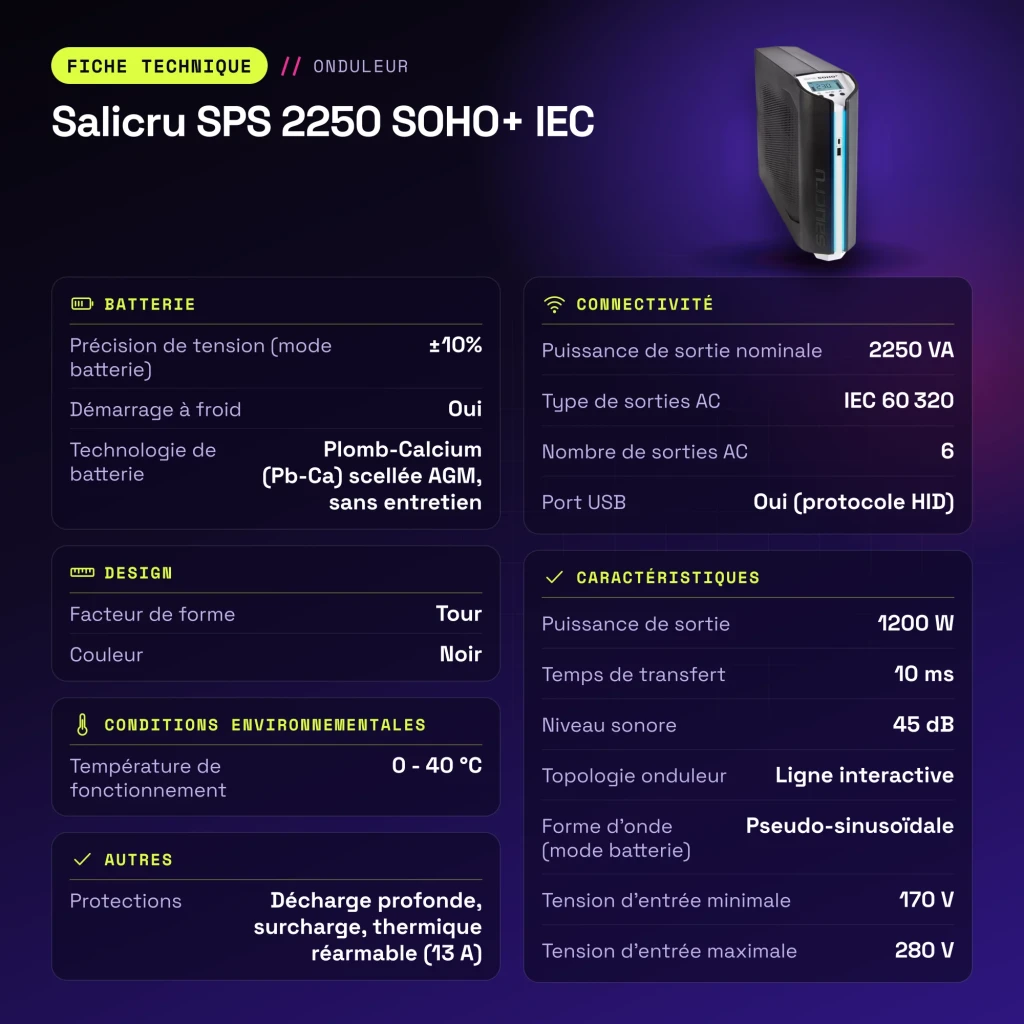 Onduleur UPS Salicru SPS 2250 SOHO+ IEC Ligne Interactive 2250VA Noir - caractéristiques