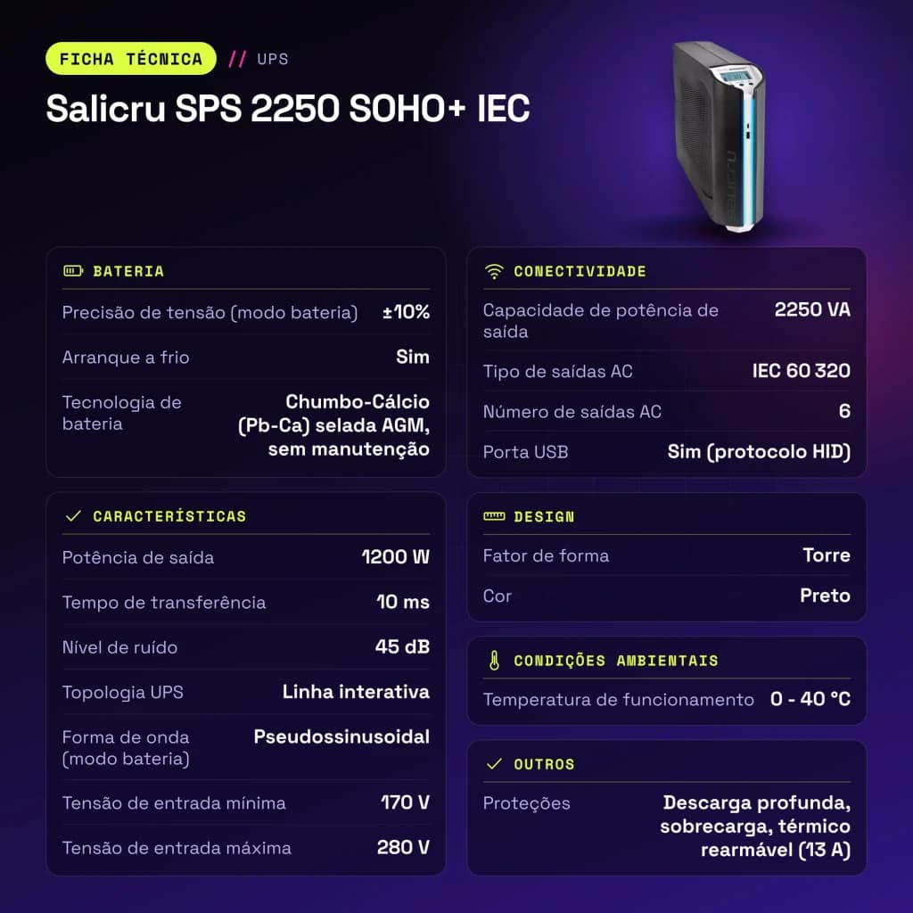SAI UPS Salicru SPS 2250 SOHO+ IEC Linha Interativa 2250VA Preto - características